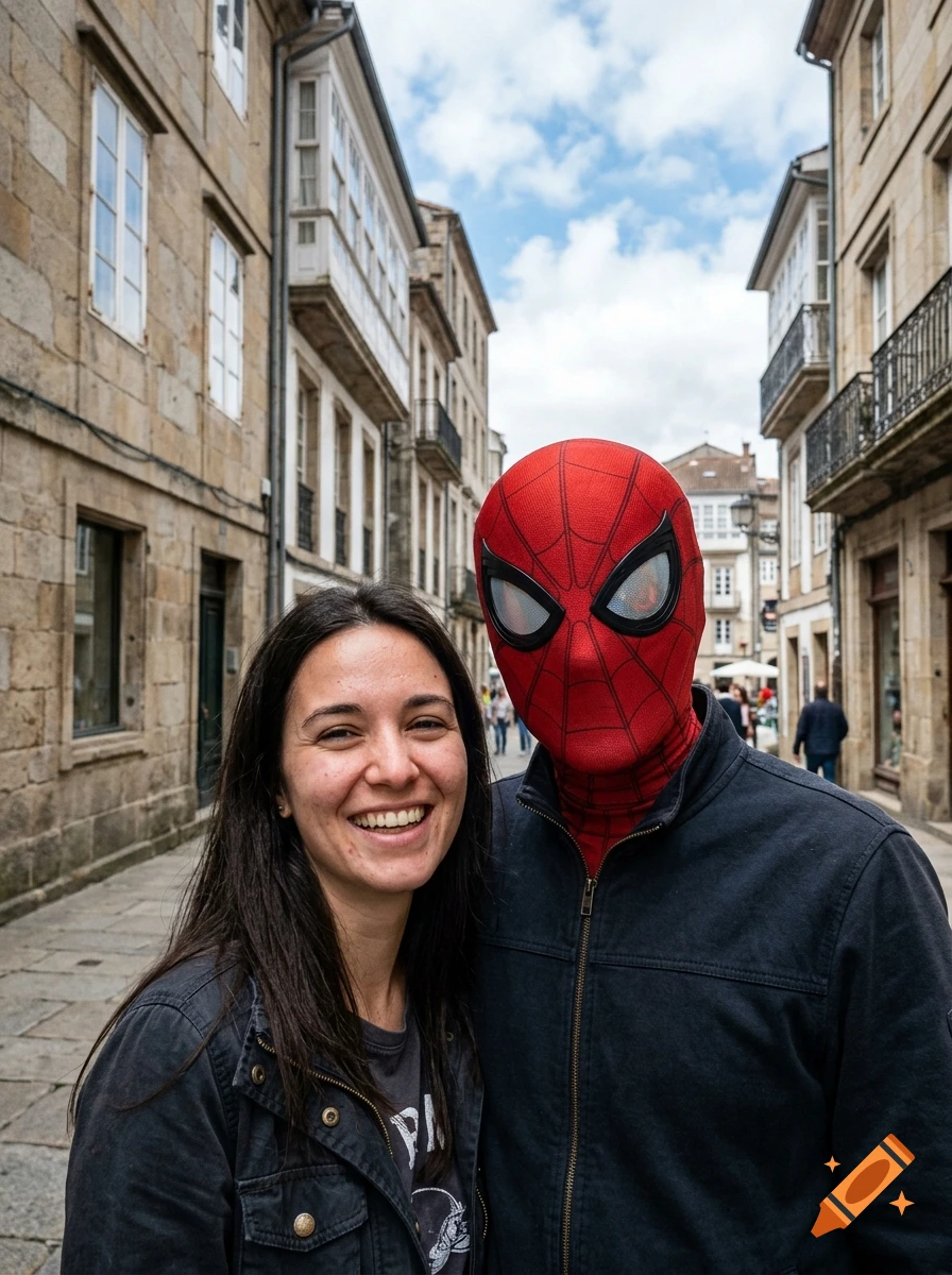 Photorealistic portrait of a smiling woman standing next to a person wearing a Spider-Man mask in a European street.