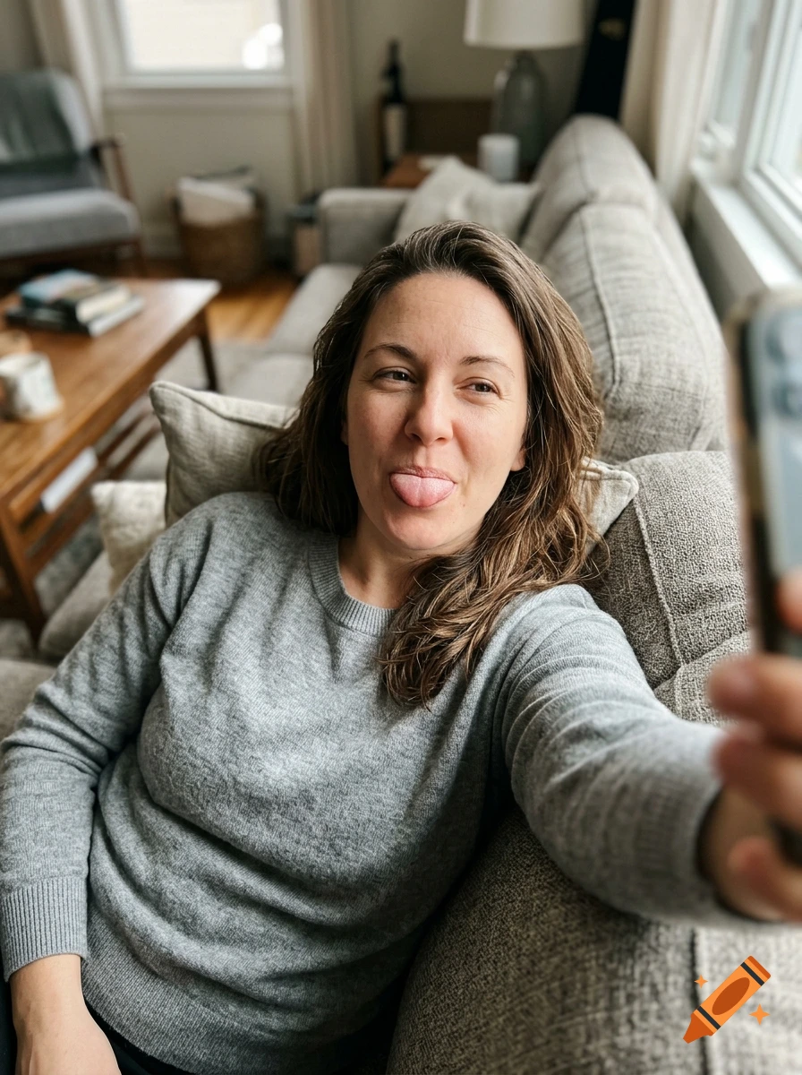 Photorealistic selfie of a woman with brown hair lying on a grey couch and sticking her tongue out.