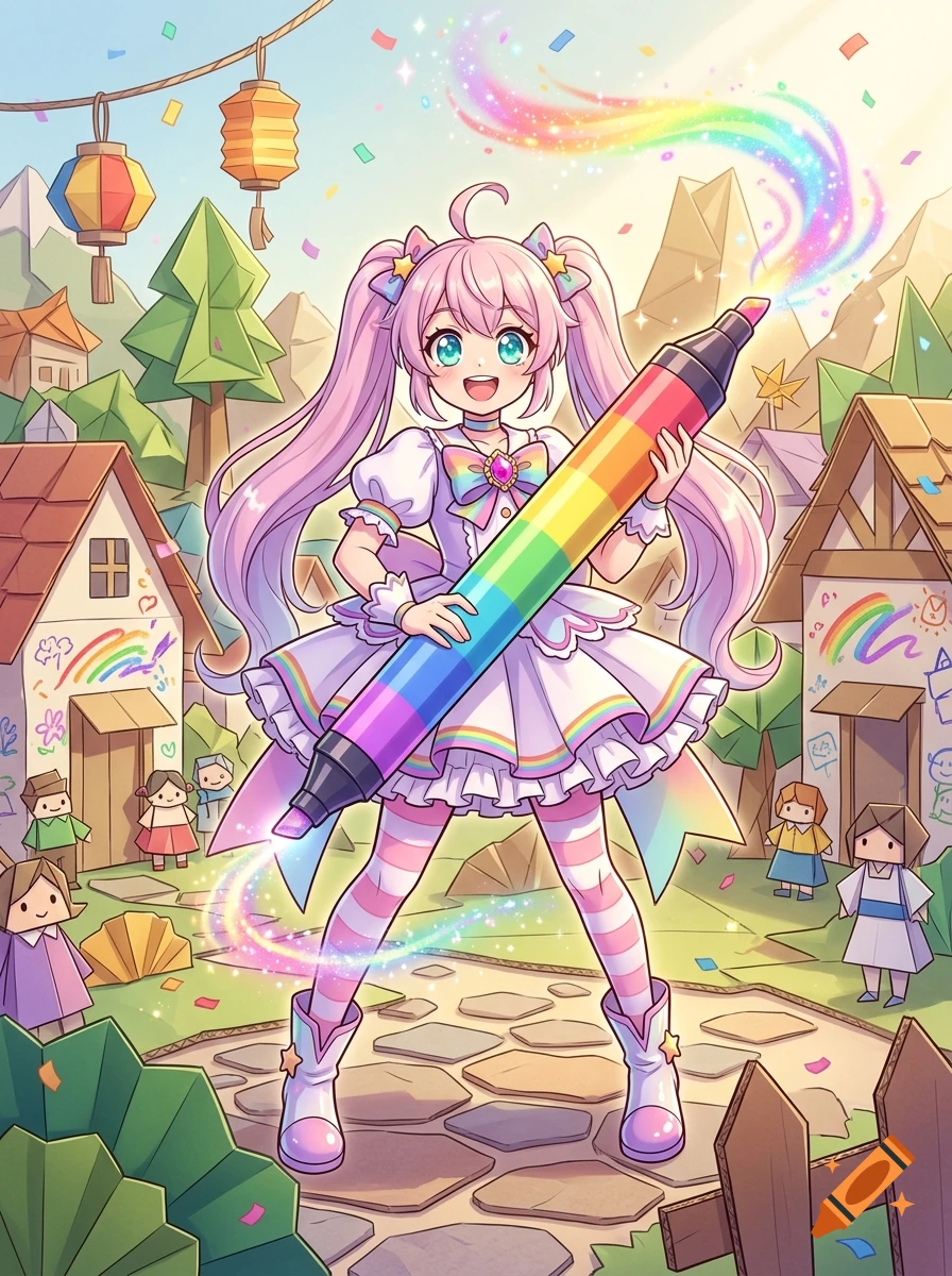 Anime girl with pink hair holding a giant rainbow marker in a papercraft village, digital art.