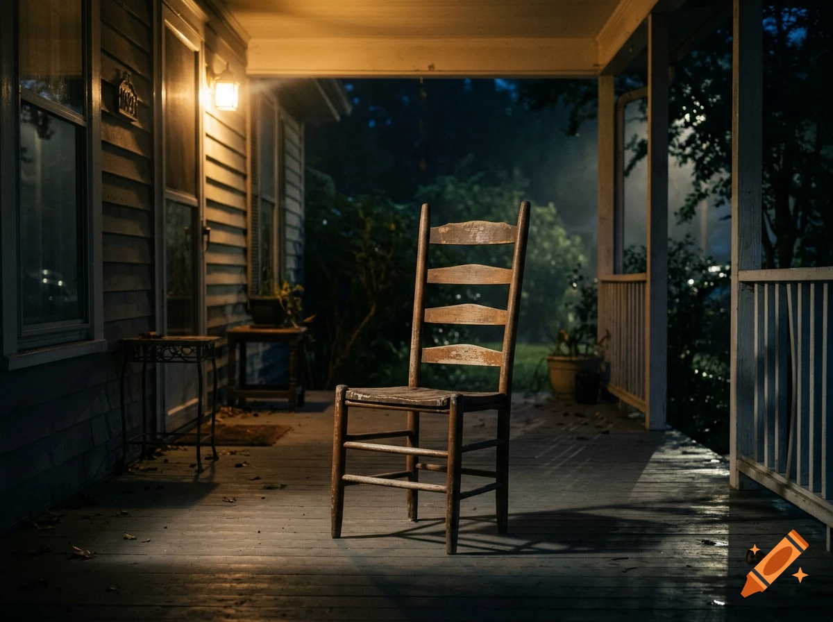 An old wooden ladder-back chair sits centered on a covered porch at night, illuminated by a porch light casting warm light.