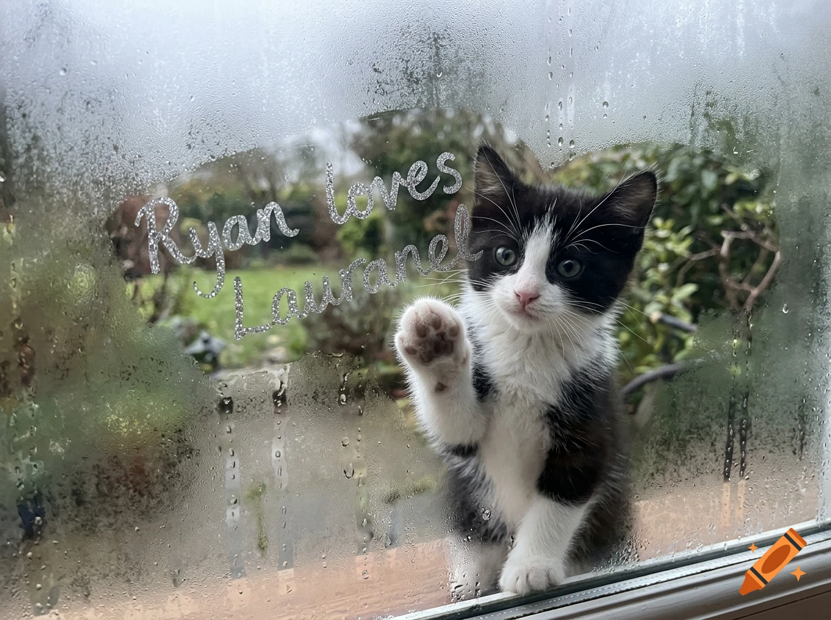 A black and white kitten presses its paw against a fogged glass window with glittery text that reads "Ryan loves Lauranel".