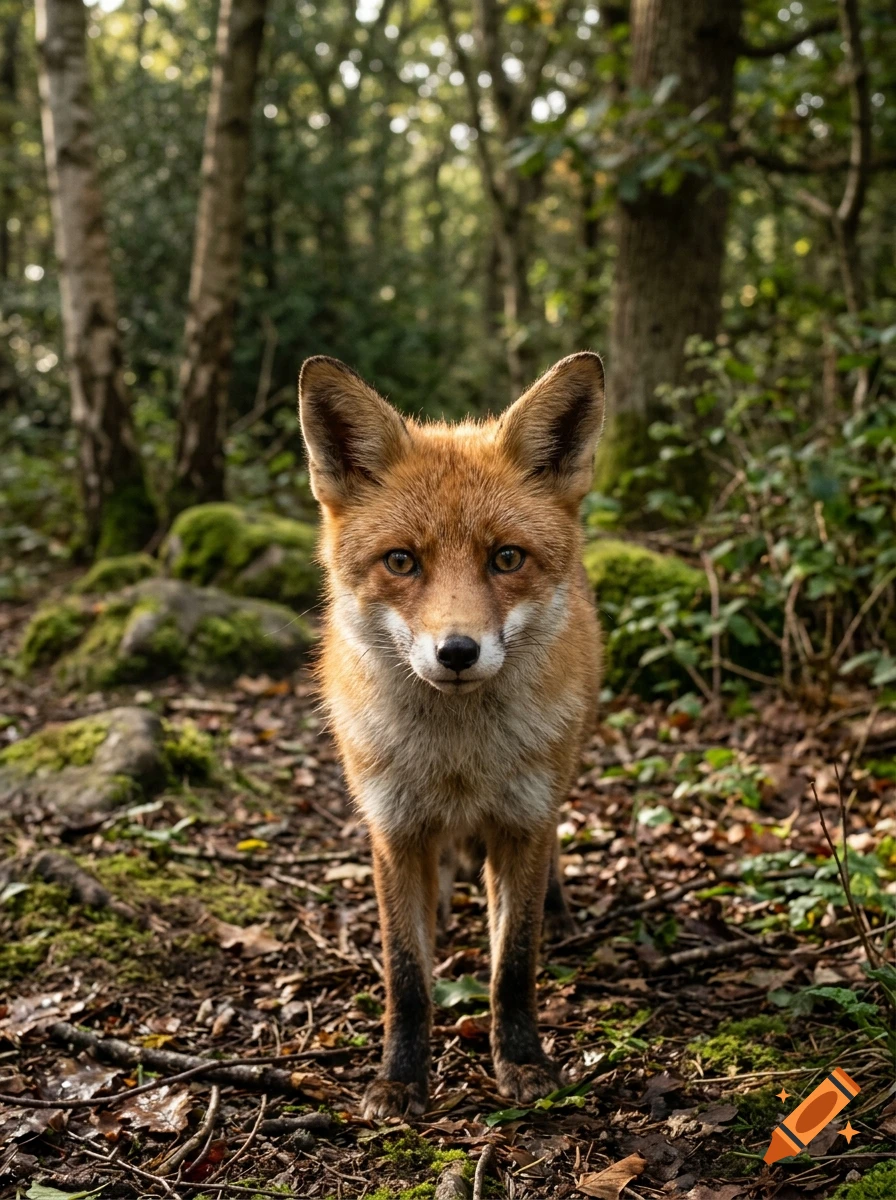 Photorealistic image of a cute red fox standing in a forest with green moss and trees.