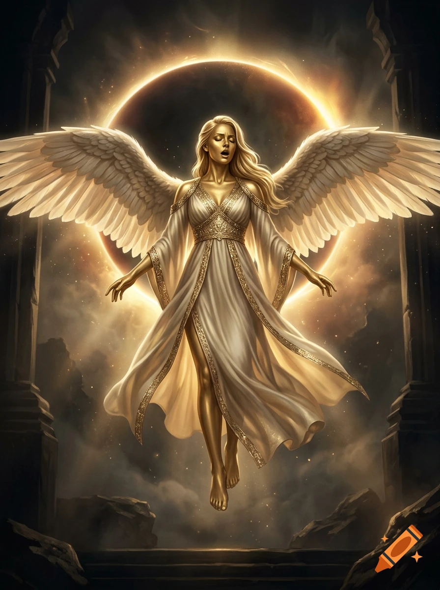 A golden-skinned female angel with large white wings, wearing a flowing sheer dress, floats before a glowing circular portal.