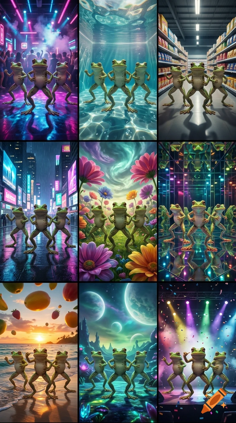A collage of nine panels showing three anthropomorphic green frogs dancing in various surreal settings including a neon nightclub and underwater.