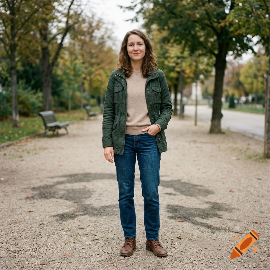 A full-length photo of a woman standing on a gravel path in a park lined with trees.