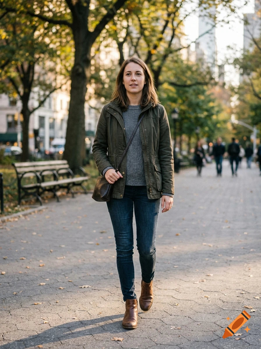 Photorealistic full-length shot of a smiling woman walking in a park during autumn, wearing an olive green jacket, sweater, and jeans.