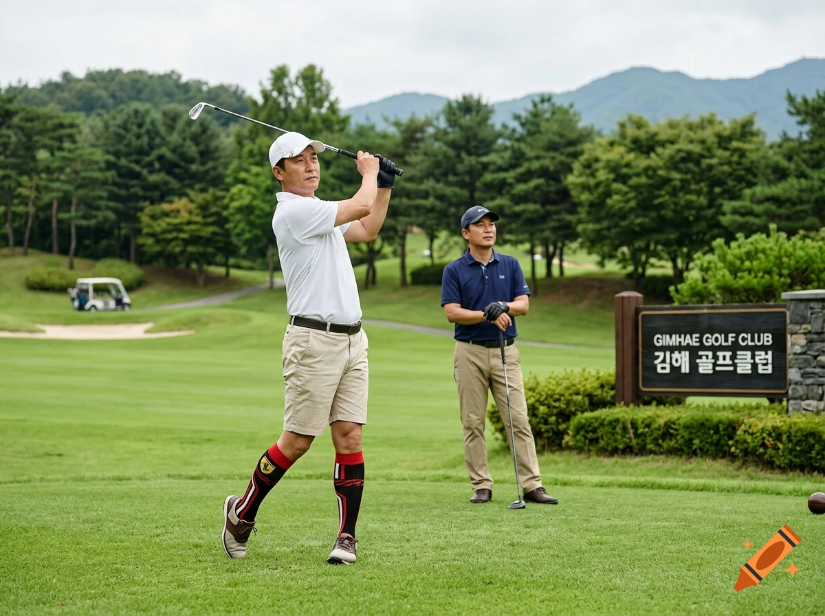 Two men on a lush green golf course, one in mid-swing, next to a sign reading Gimhae Golf Club.