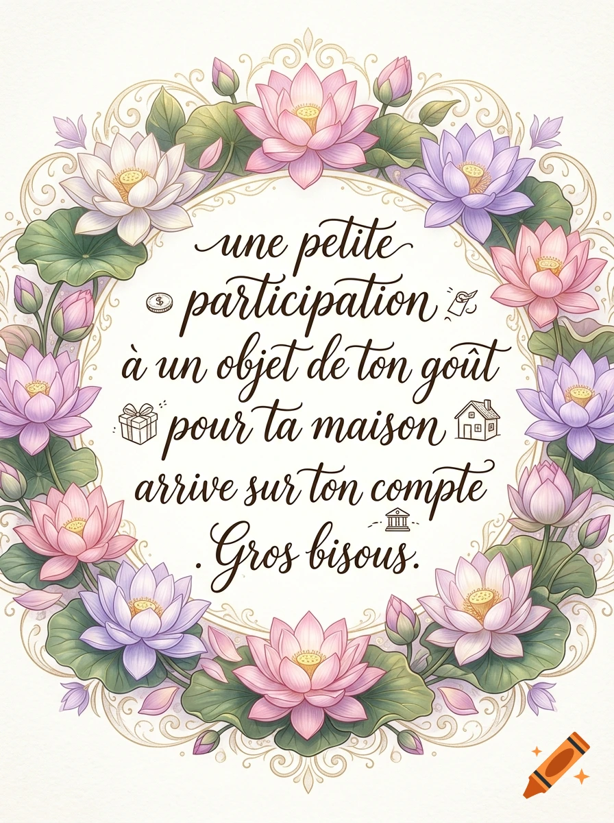 Decorative illustration of lotus flowers framing French calligraphy text on a cream background.