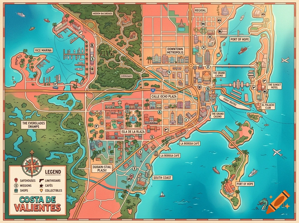 An illustrated fictional map of Costa de Valientes, featuring a city, coastal areas, marina, swamp, and legend box.