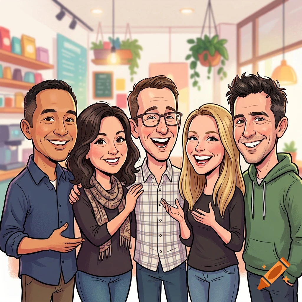 Colorful caricature illustration of five smiling friends posing together inside a cozy cafe.