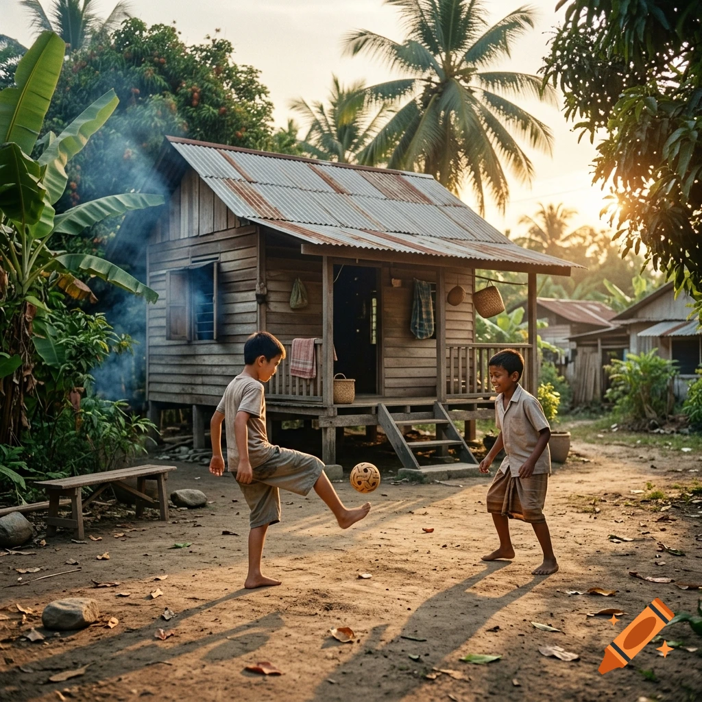 Retro style photograph of two young boys playing with a traditional rattan ball in front of a rustic wooden house.