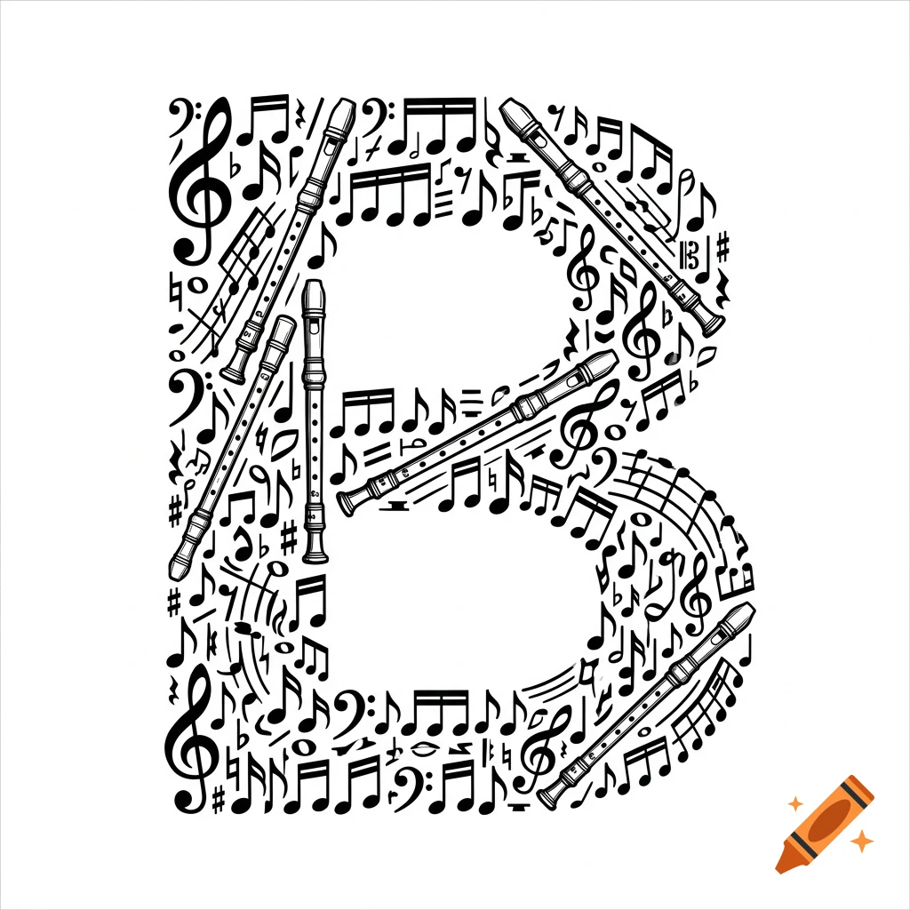 A stylized capital letter B composed of black and white musical notes, clefs, and flutes on a white background.
