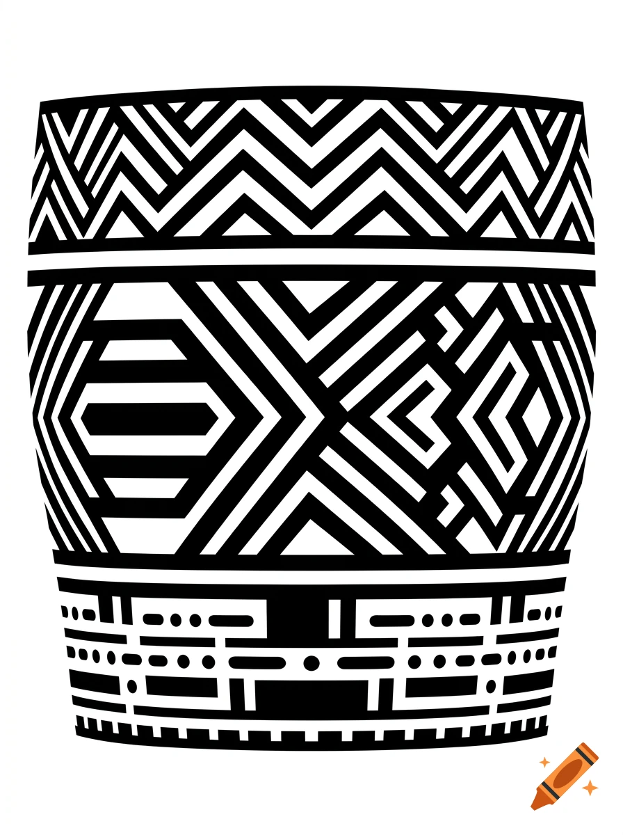 Black and white geometric pattern featuring chevrons, stripes, and tribal-inspired motifs in a cylindrical composition.