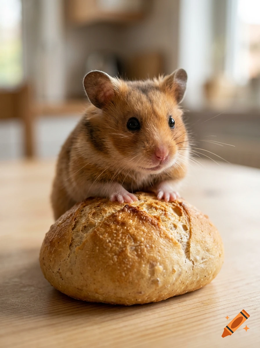 Photorealistic image of a hamster sitting on top of a small round loaf of bread on a wooden table.