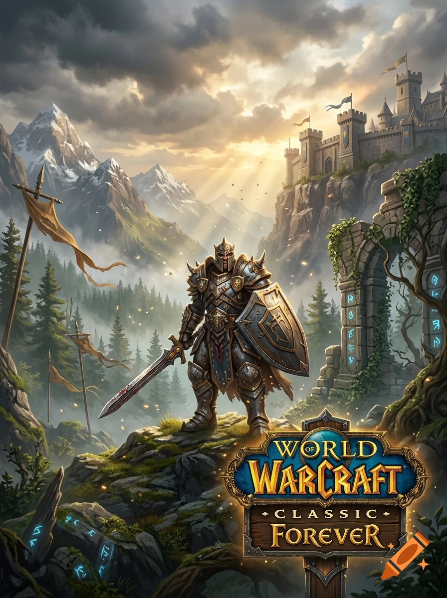 An armored warrior stands in a mountainous landscape holding a sword and shield, with a castle and forest in the background under a cloudy sky.