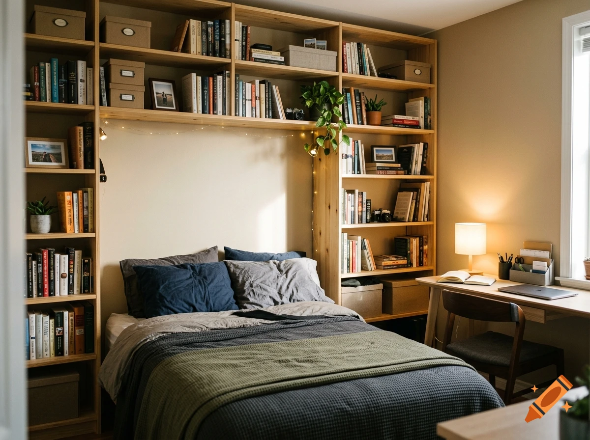 A cozy bedroom featuring a built-in wooden bookcase framing the bed, a desk with a lamp and laptop, and warm lighting.