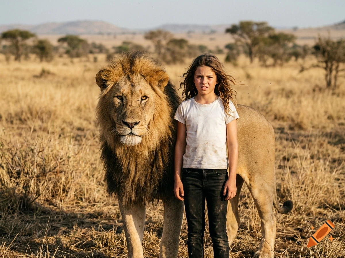 Photorealistic image of a young girl standing next to a large male lion in an African savanna.