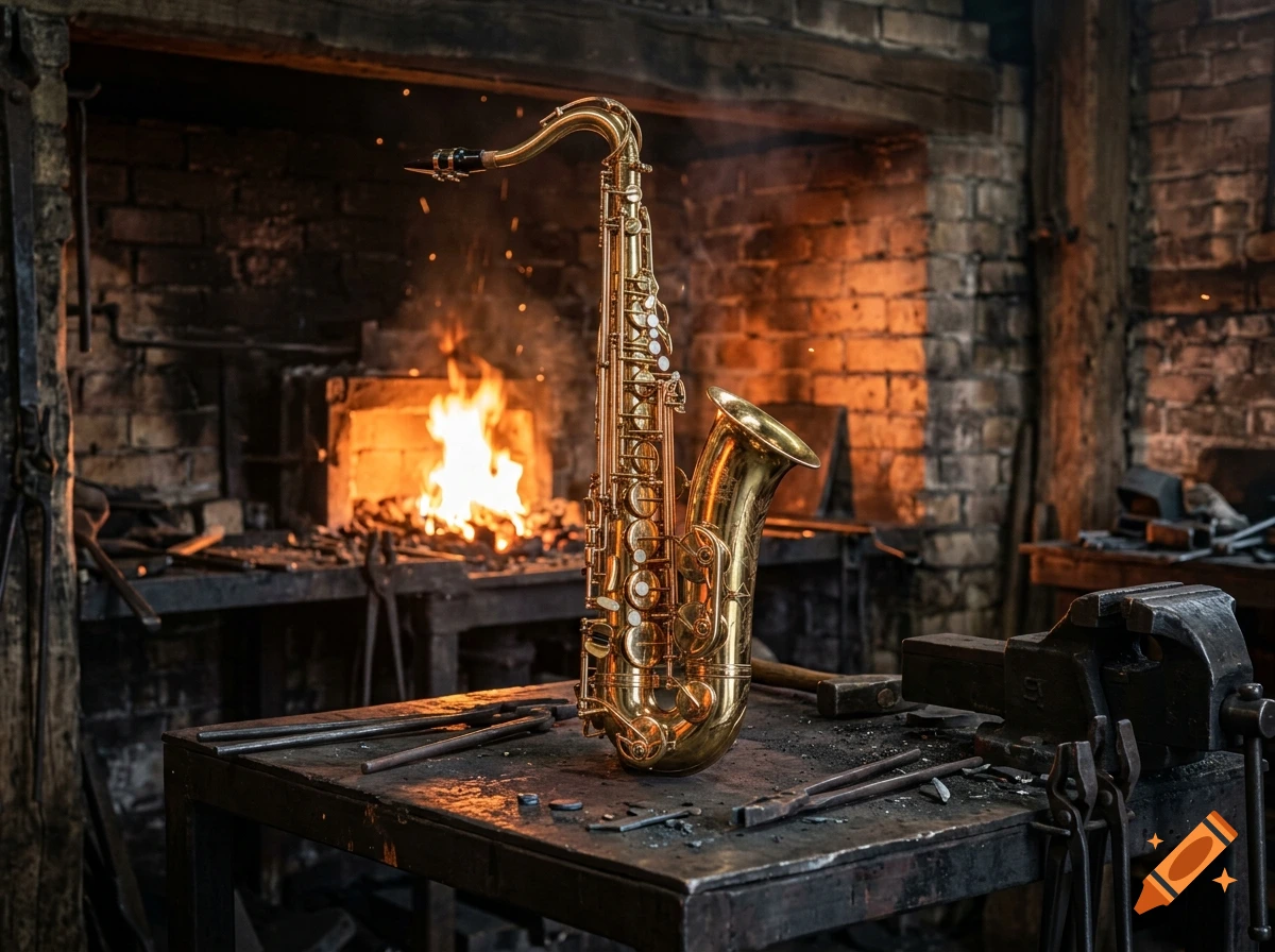 Photorealistic image of a golden saxophone resting on a metal workbench inside a rustic blacksmith forge with a fire burning in the background.