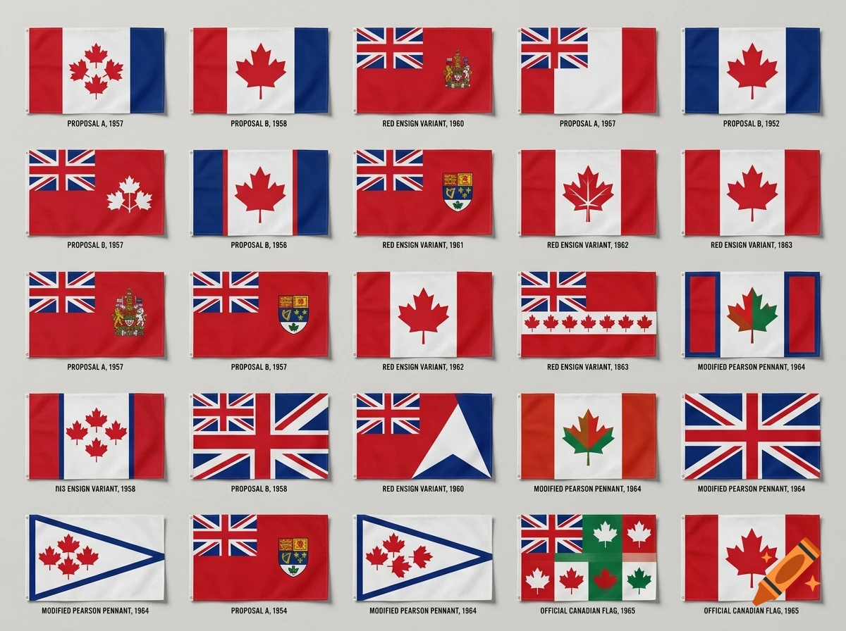 Grid of twenty different Canadian flag design proposals and historical variants with labels.