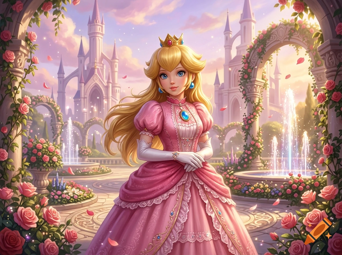 Princess Peach with blonde hair in a pink dress standing in a fantasy castle garden with roses and fountains.