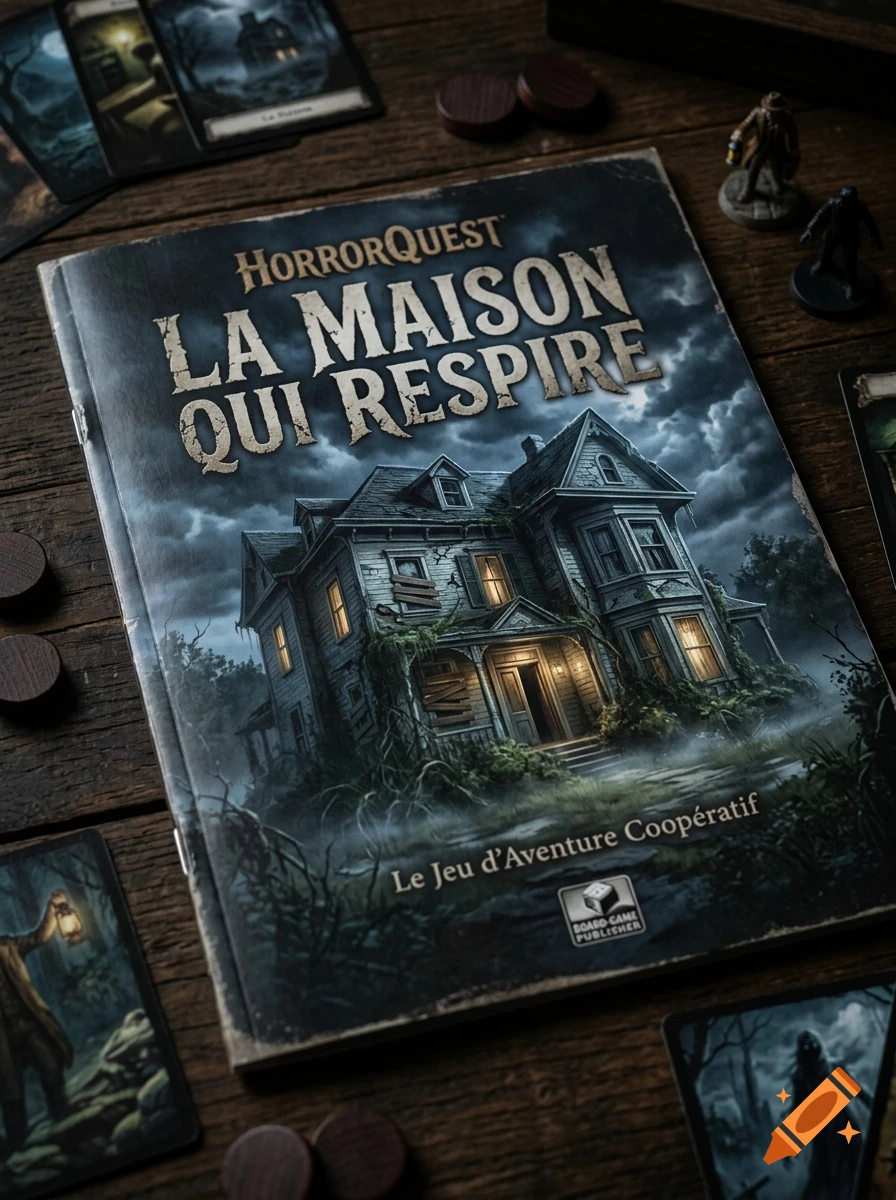 A horror-themed board game rulebook titled HorrorQuest La Maison Qui Respire on a wooden table, surrounded by game pieces and cards.