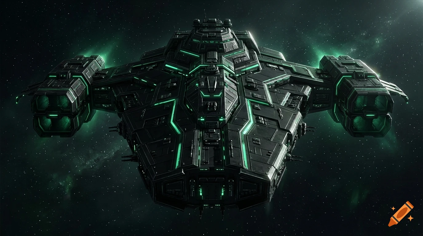 A massive, angular black dreadnought spaceship with glowing green accent strips and engine nacelles, floating in outer space.