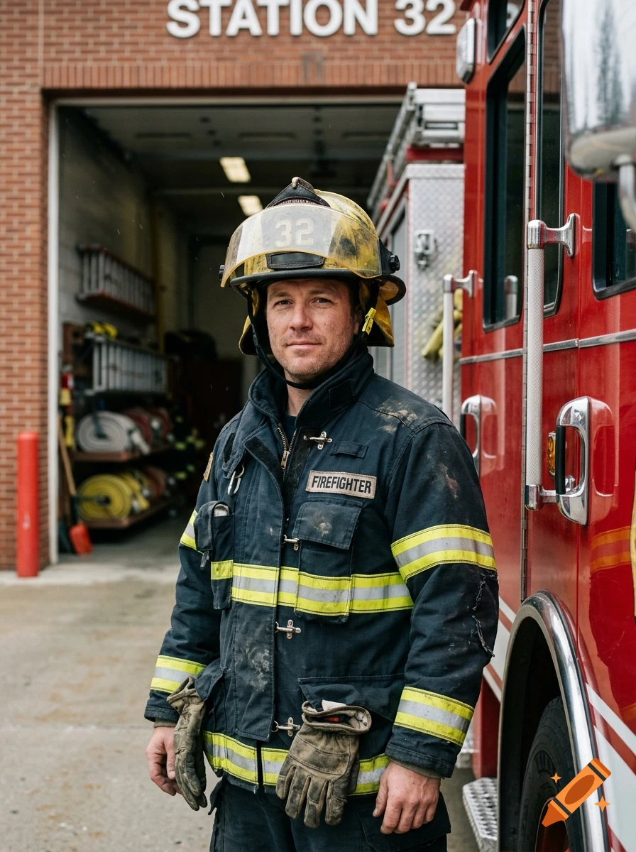 Photorealistic portrait of a male firefighter in uniform holding work gloves in front of a fire engine.