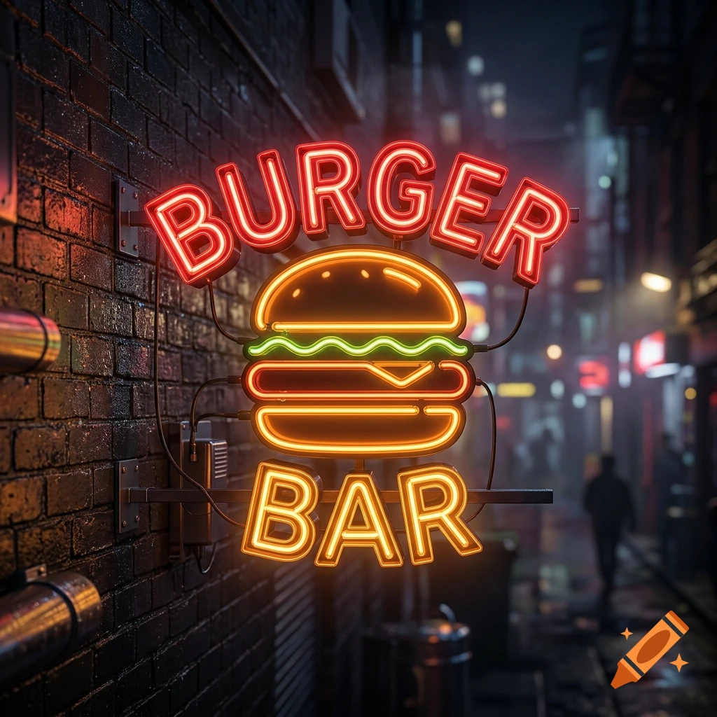 A glowing neon sign that reads 'BURGER BAR' with an icon of a hamburger mounted on a dark brick wall in an alleyway.