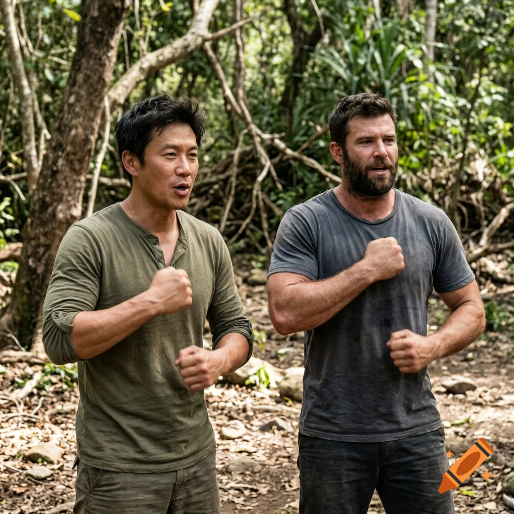 Two men standing in a lush jungle, making a chest-pounding gesture, photorealistic style.
