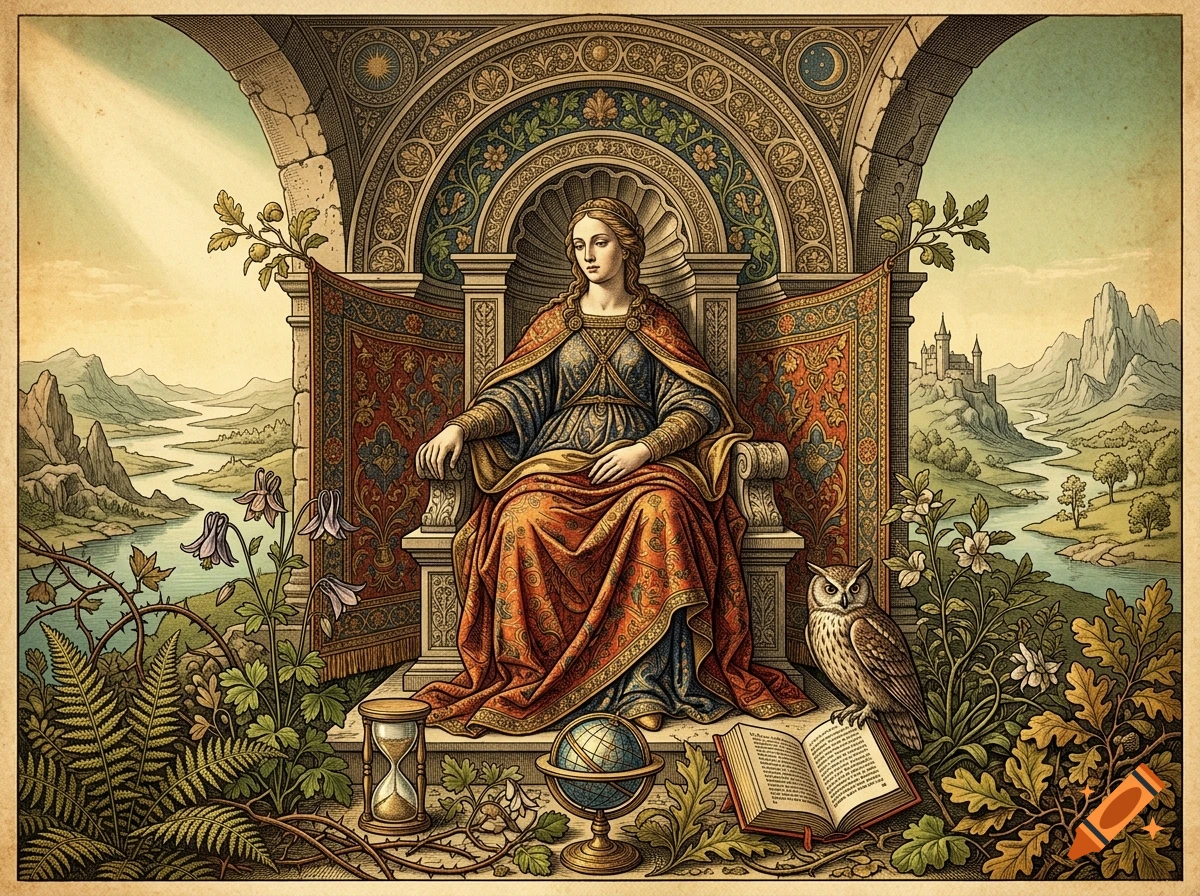 An ornate fantasy illustration in the style of Albrecht Dürer depicting a regal woman seated on a throne flanked by an owl, hourglass, and globe.