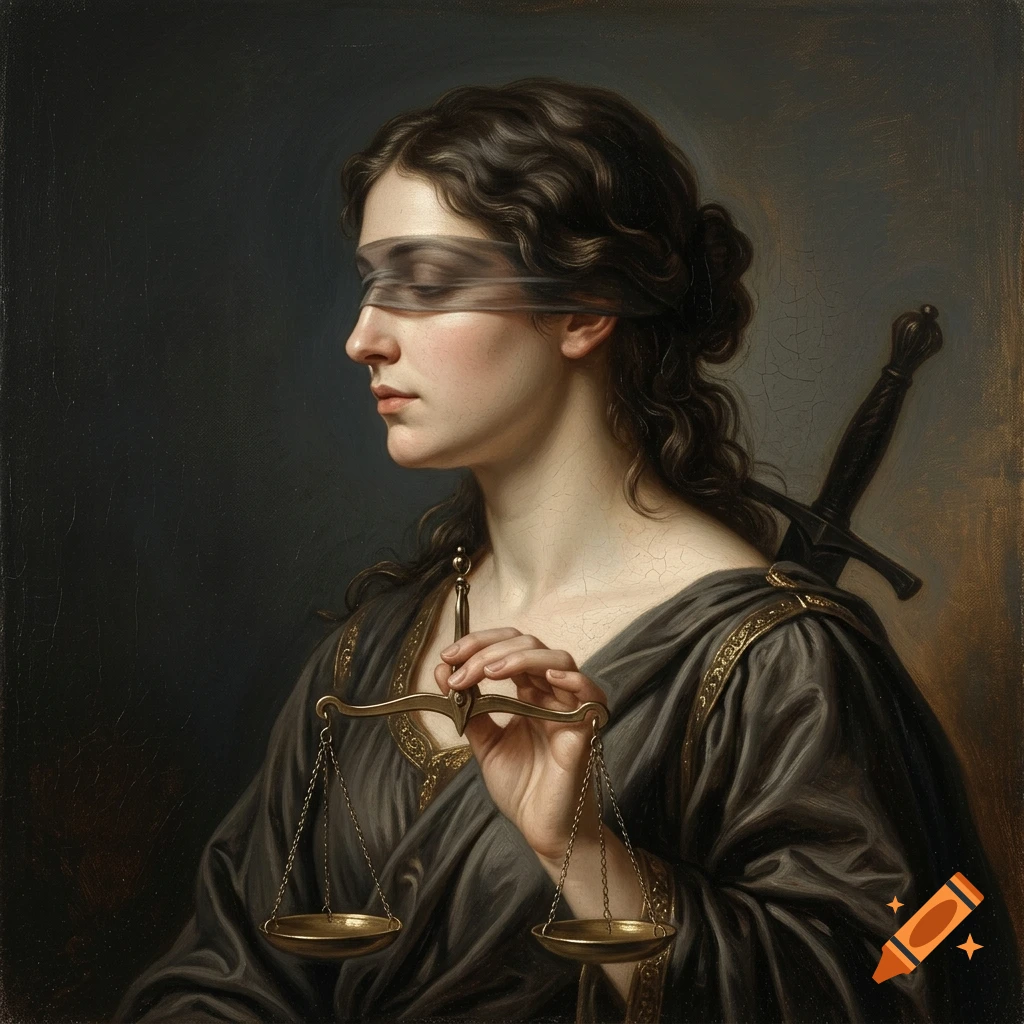 Realistic oil painting of Lady Justice in profile, wearing a blindfold and holding scales, with a sword on her back.