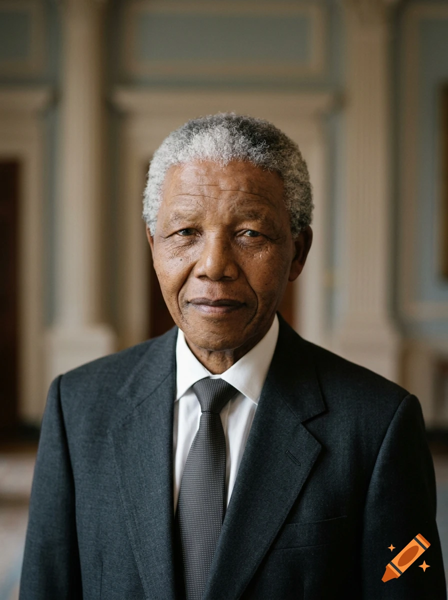 Photorealistic portrait of Nelson Mandela wearing a dark suit and tie in an indoor setting.
