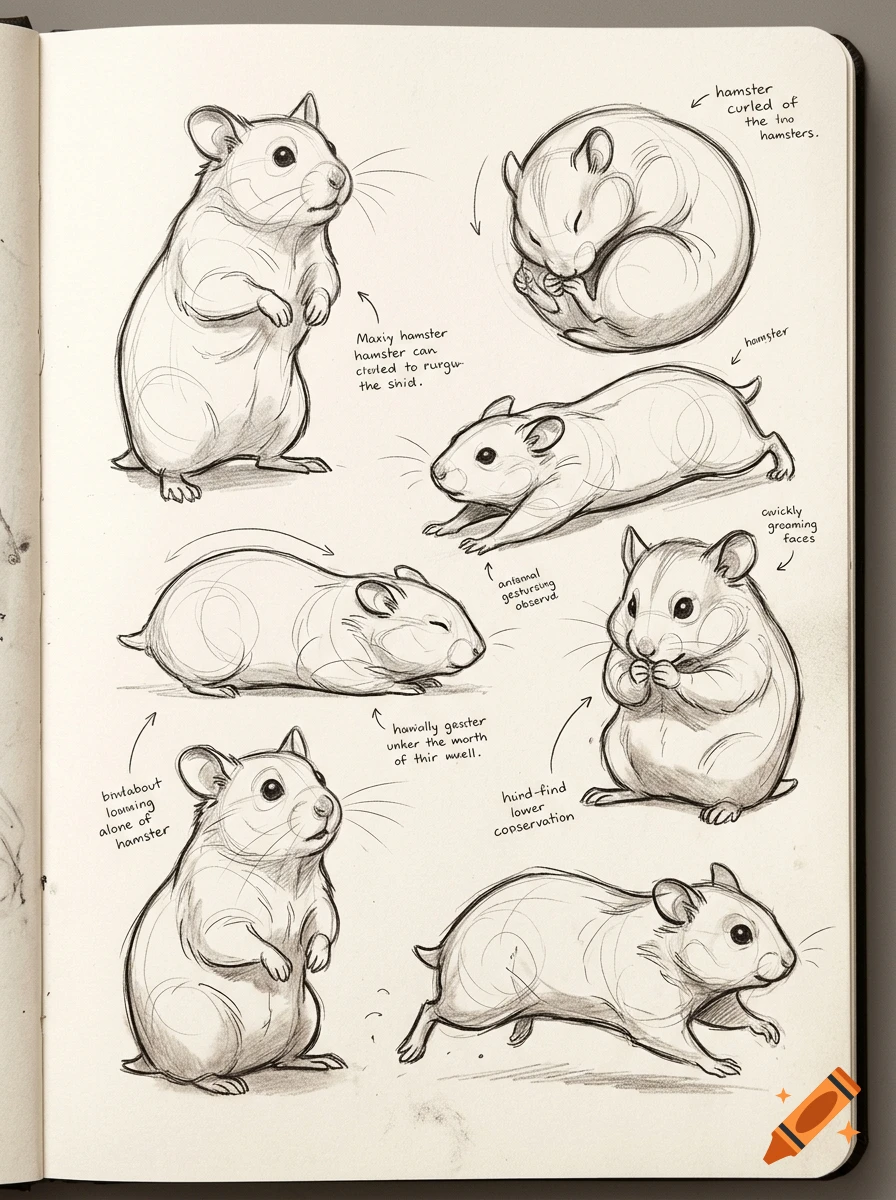 An open sketchbook page featuring pencil and ink study drawings of hamsters in various poses and activities, accompanied by handwritten notes.
