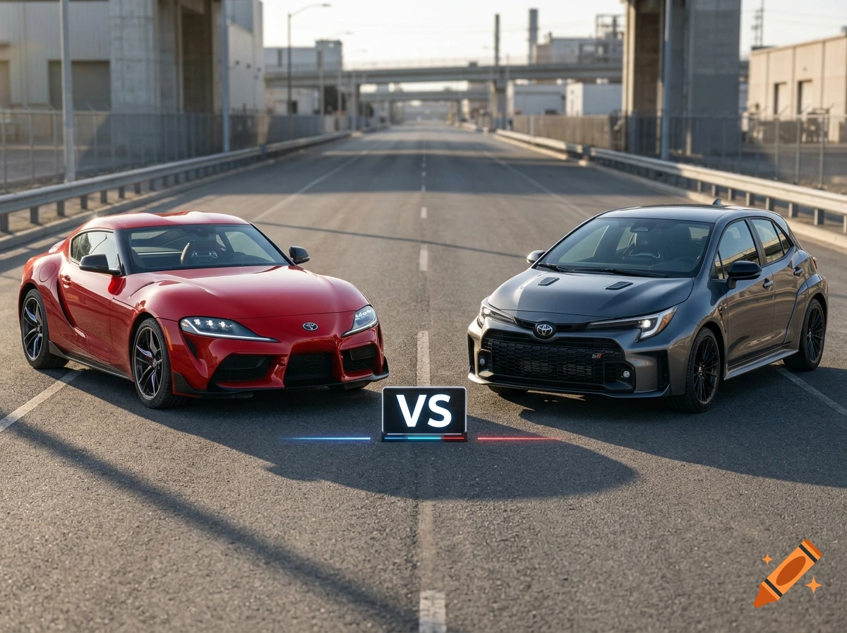 Photorealistic image of two Toyota cars, a red sports car and a dark gray hatchback, facing each other on an empty road with a 'VS' sign between them.