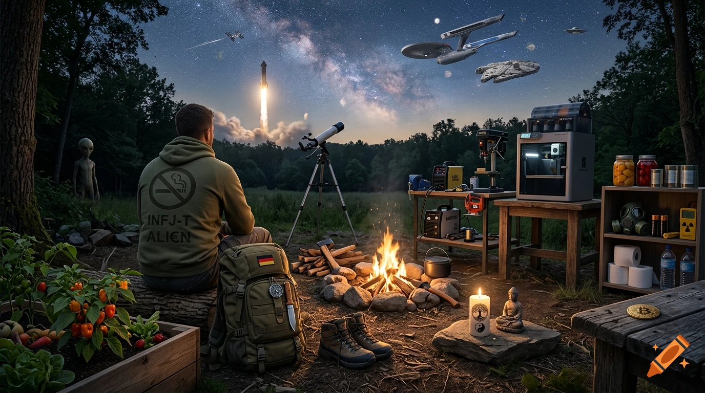 A person sitting by a campfire at night looks up at a star-filled sky featuring spacecraft and a rocket launch.