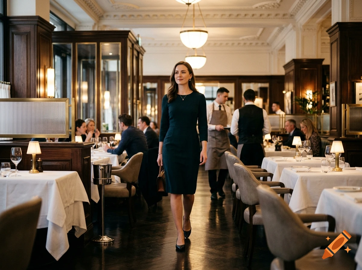 Photorealistic image of an elegant young woman walking through a high-end restaurant with patrons dining and staff serving.