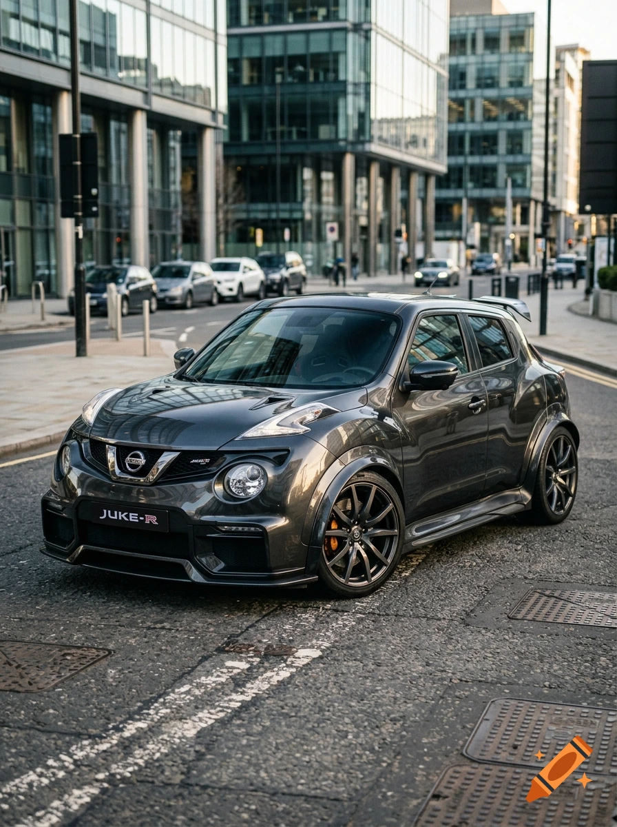 Photorealistic image of a dark grey Nissan Juke-R parked on a city street.