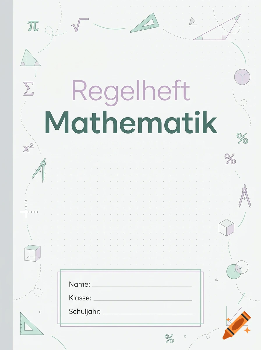A DIN A4 cover design for a mathematics notebook in pastel tones, featuring math symbols and the German text Regelheft Mathematik.