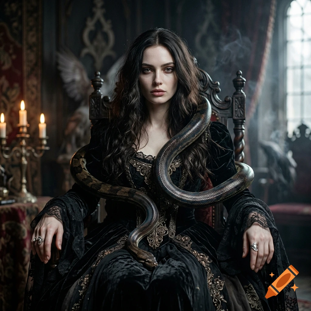 Dark fantasy portrait of a dark-haired woman in a black velvet dress with a large snake draped around her neck.