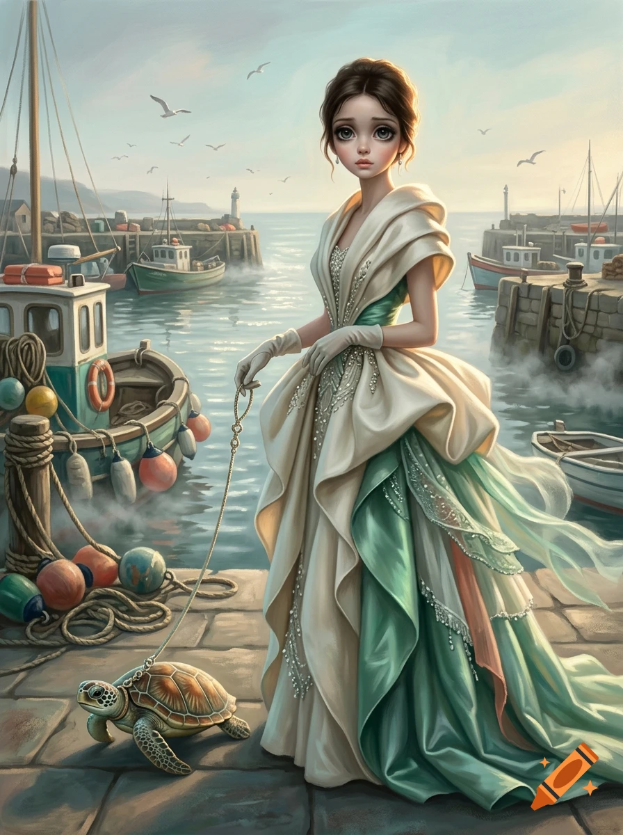 Margaret Keane style painting of a haute couture model in a green and white dress leading a turtle on a leash by a port.