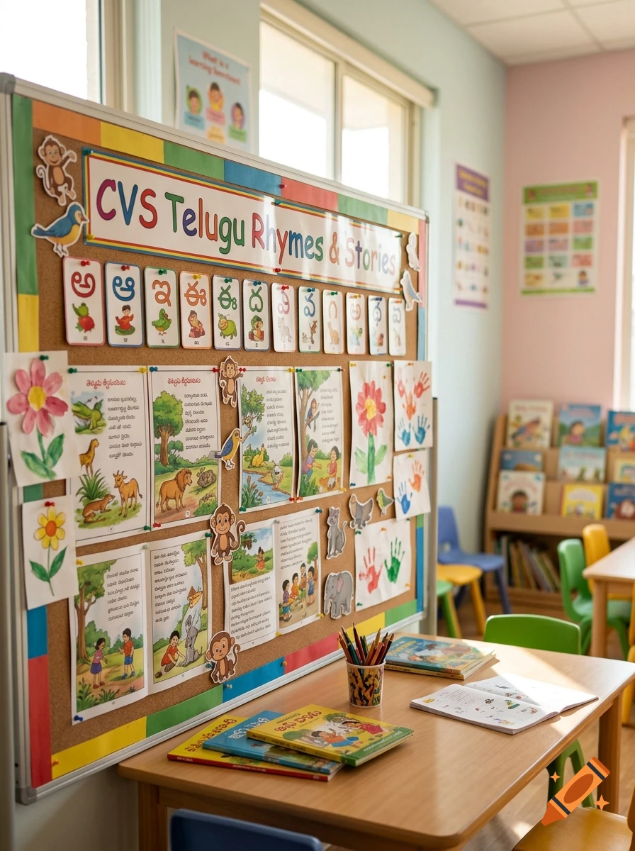 A brightly lit classroom with a bulletin board displaying Telugu rhymes, stories, and the alphabet, alongside a wooden table with books and colored pencils.