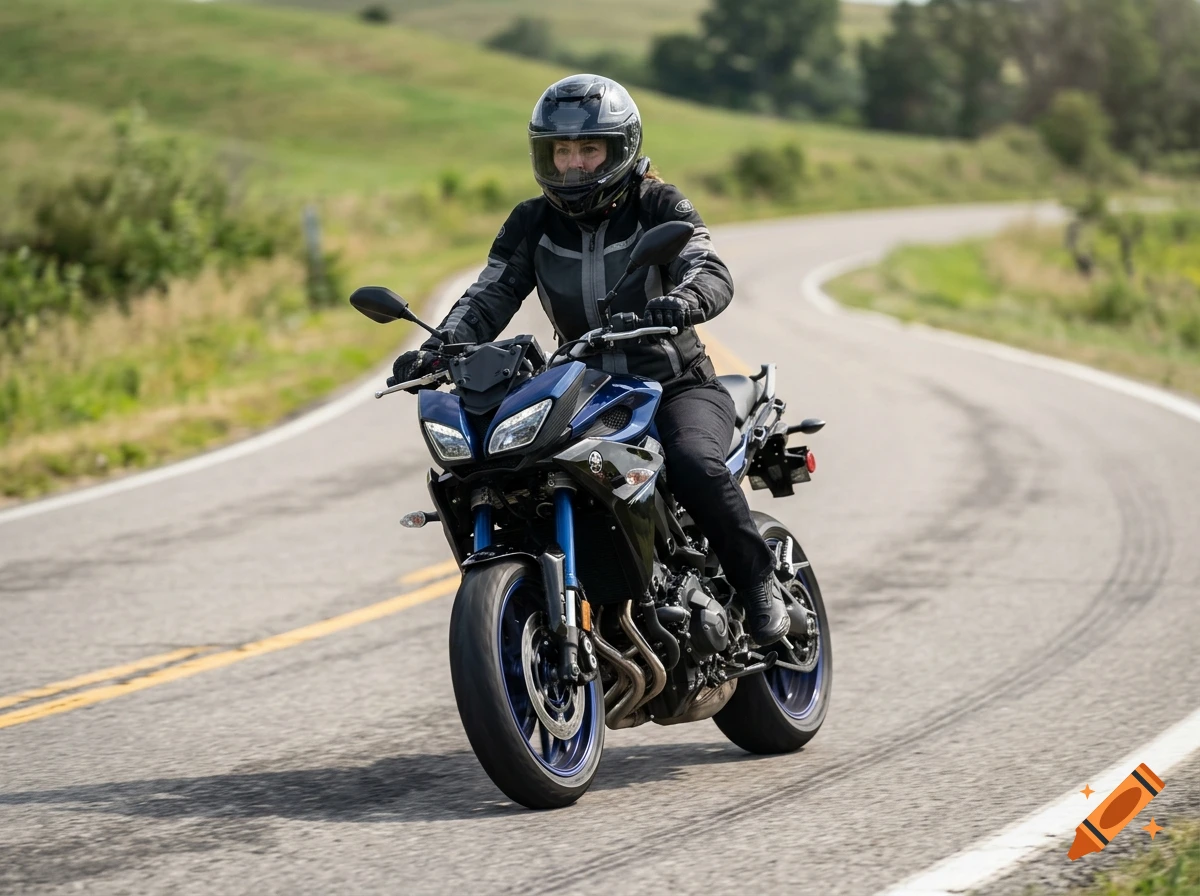 A woman wearing a helmet and riding jacket drives a blue motorcycle on a curving paved road.