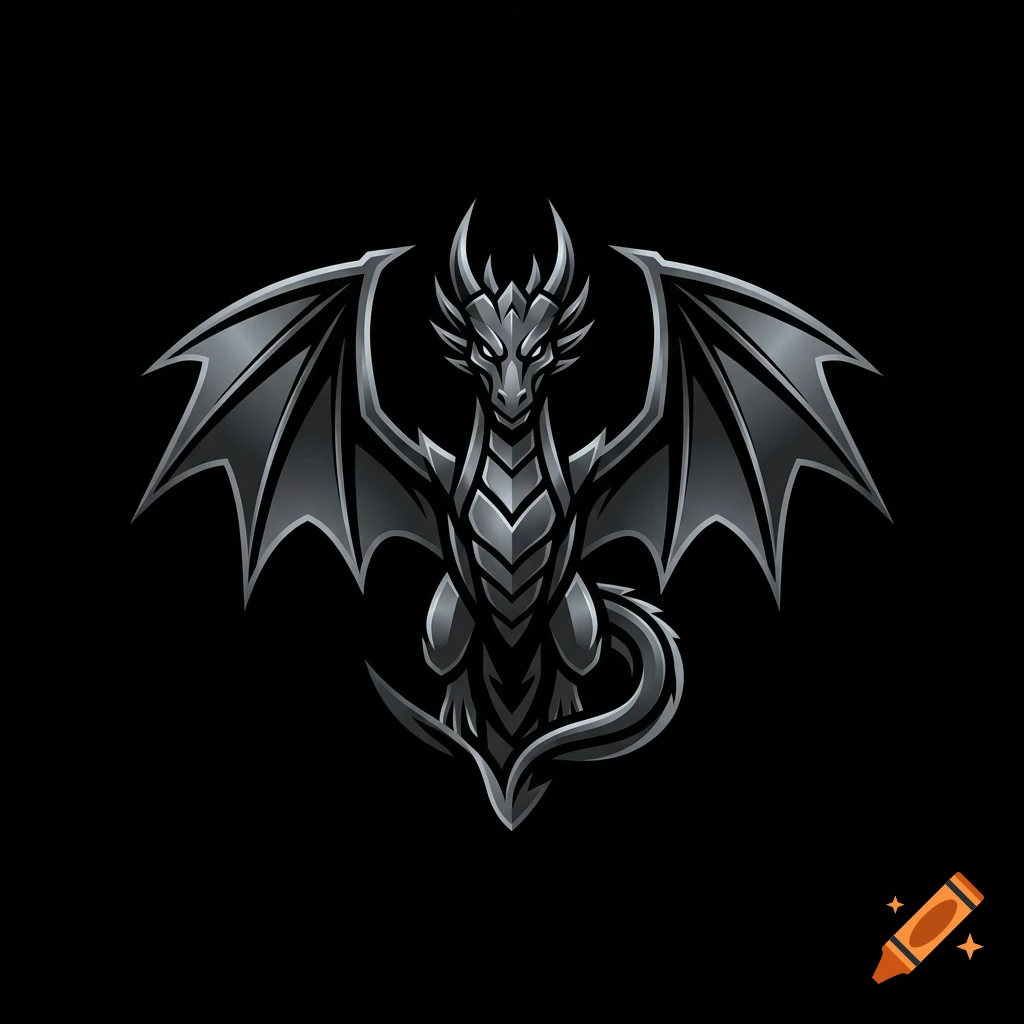 Metallic black dragon logo with outstretched wings on a black background, digital illustration style.