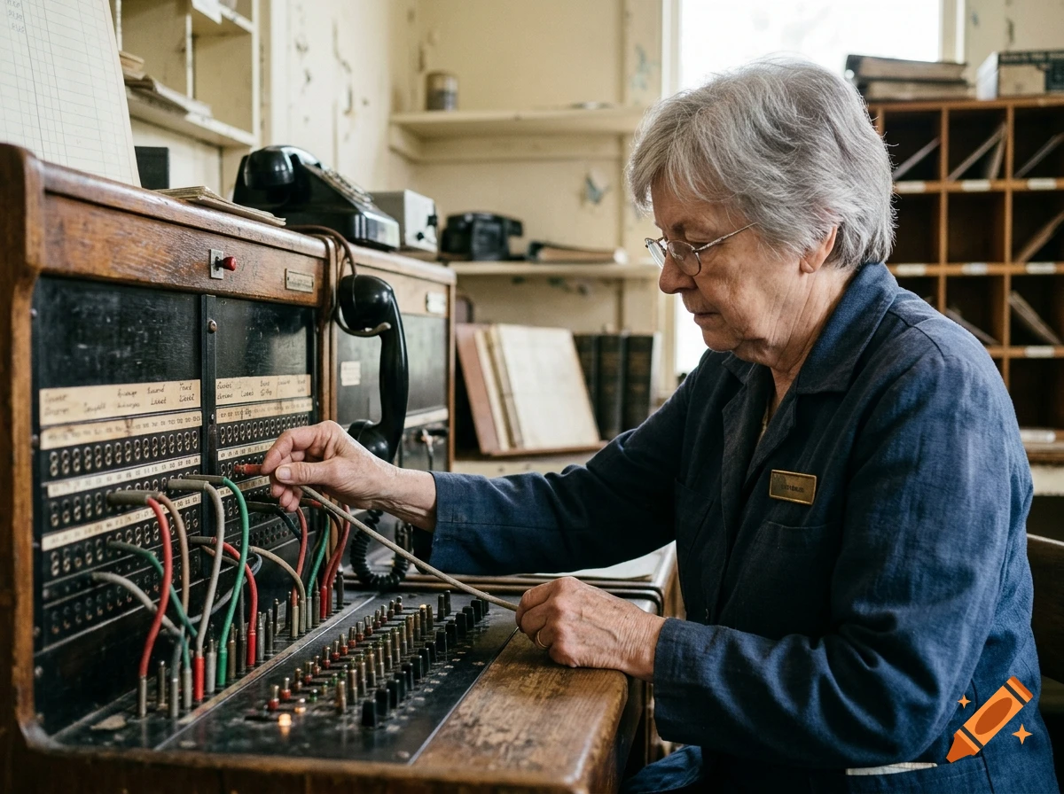 Photorealistic image of an elderly woman operating an old-fashioned telephone switchboard in a rustic office.