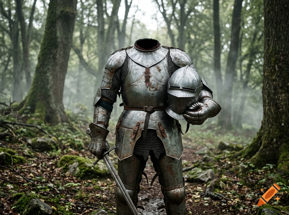 Photorealistic image of a headless knight in weathered steel armor standing in a misty forest holding his helmet.