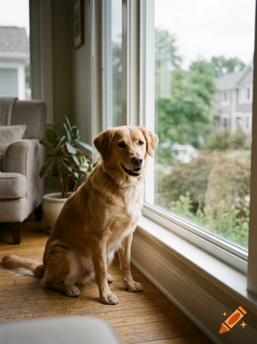 Photorealistic golden retriever sitting on a hardwood floor next to a large window, looking toward the camera.