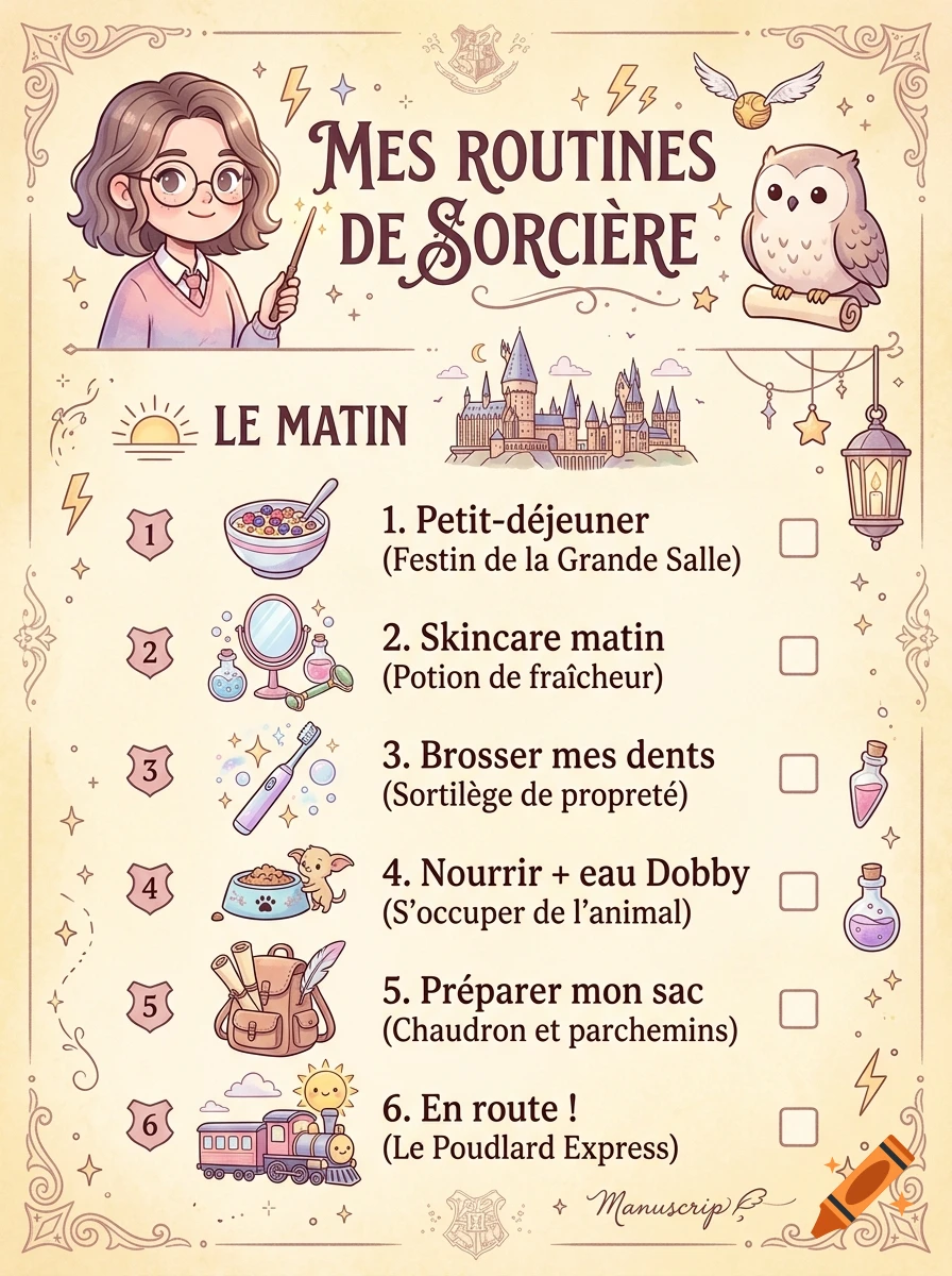 An illustrated daily routine checklist for a witch, featuring a girl with glasses, an owl, a castle, and numbered checklist items with icons.