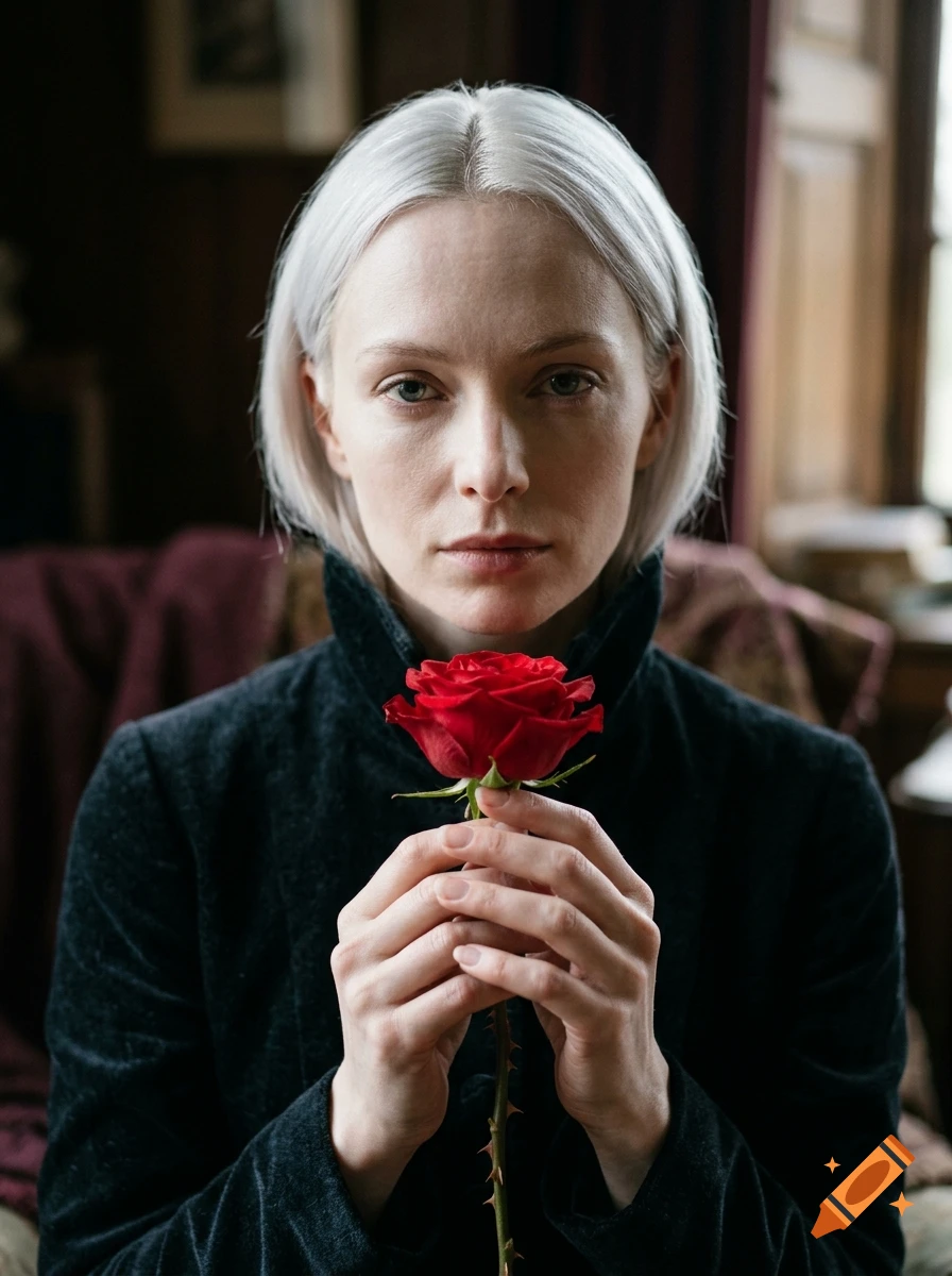 Portrait of a woman with short white hair holding a red rose close to her face.