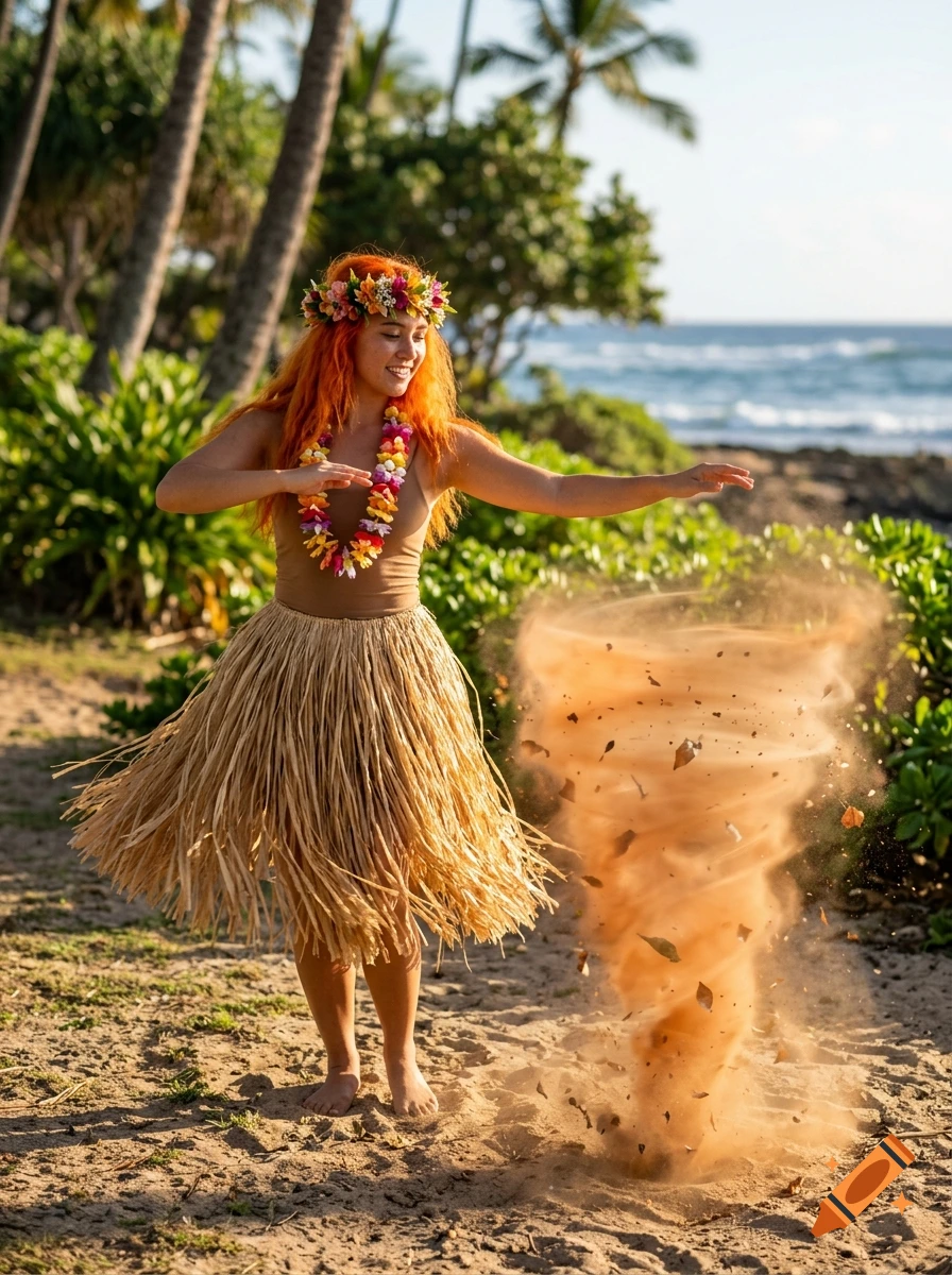 Photorealistic image of a young hula dancer with orange hair on a tropical beach next to a swirling dust devil.