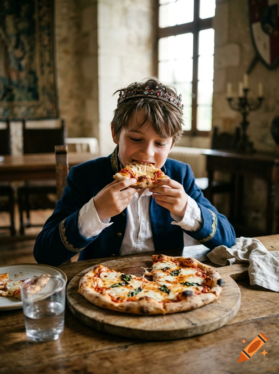 Photorealistic image of a young boy wearing a crown and eating pizza at a wooden table in a medieval castle.